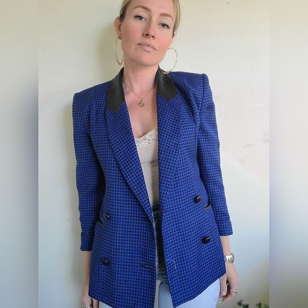 Sebastian Wool + Leather Vintage Houndstooth Blazer S-M - Picture 2 of 15